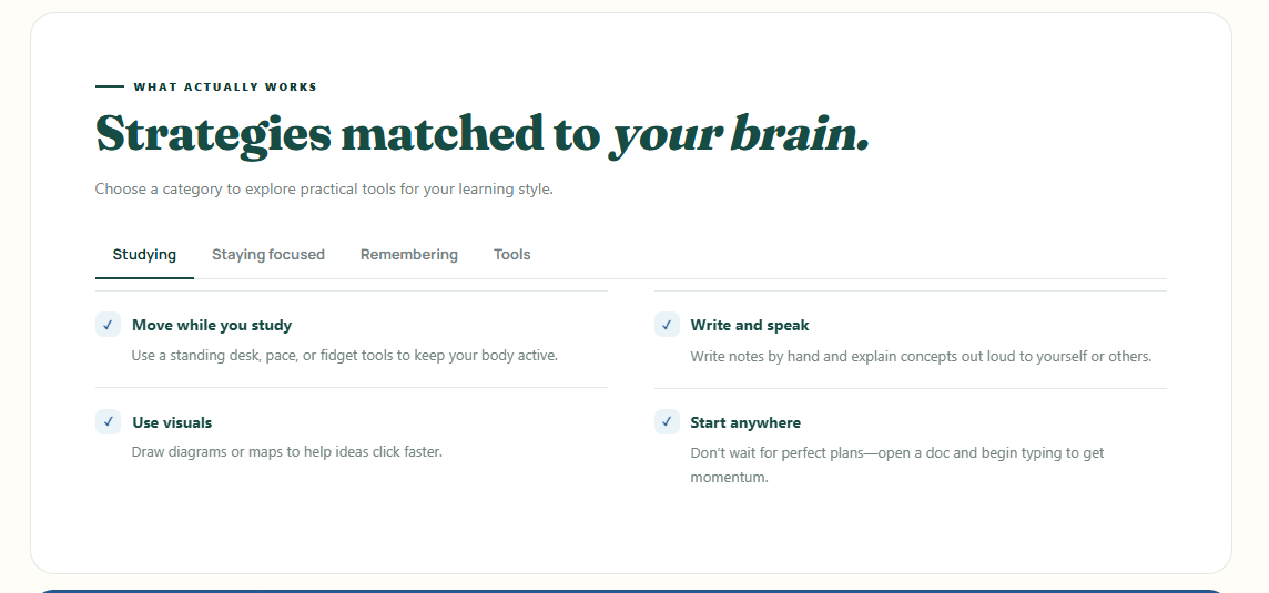 A page of the same profile listing study strategies matched to that student.